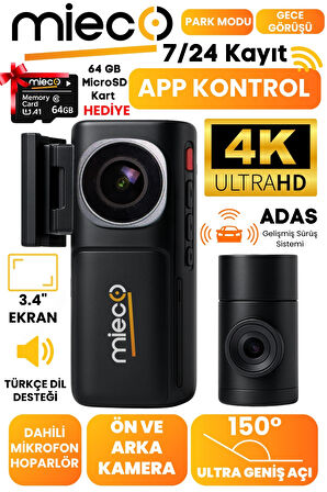Mieco A7 4K UHD /  Wifi / ADAS / 150° Ultra Geniş Açı / Gece Görüşü /  Ön + Arka Araç Kamerası (2025) + Hafıza Kartı Hediyeli